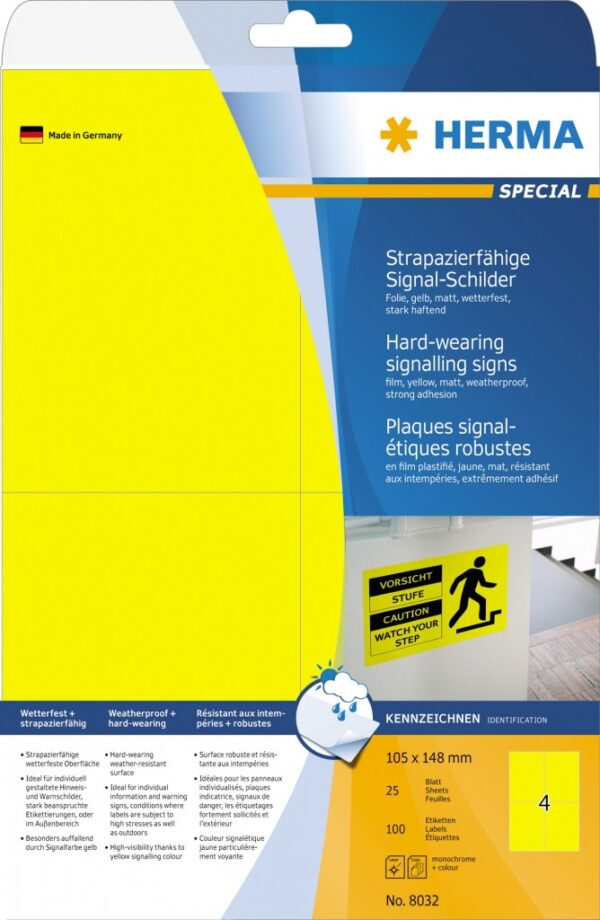 Etikete SIGNAL vodootporne,  105x148 A4 1/25 žuta Herma